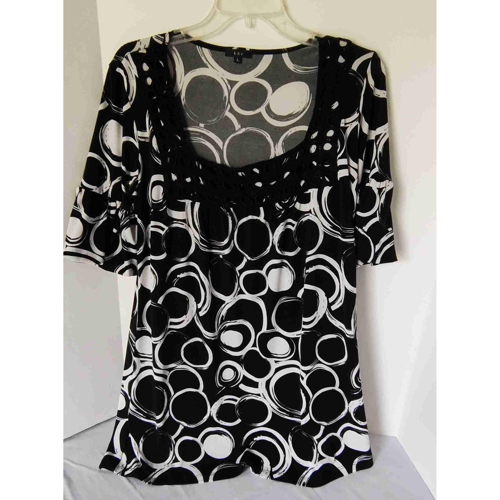 K & C Large Black White Short Sleeves Round Neck Patterned Blouse